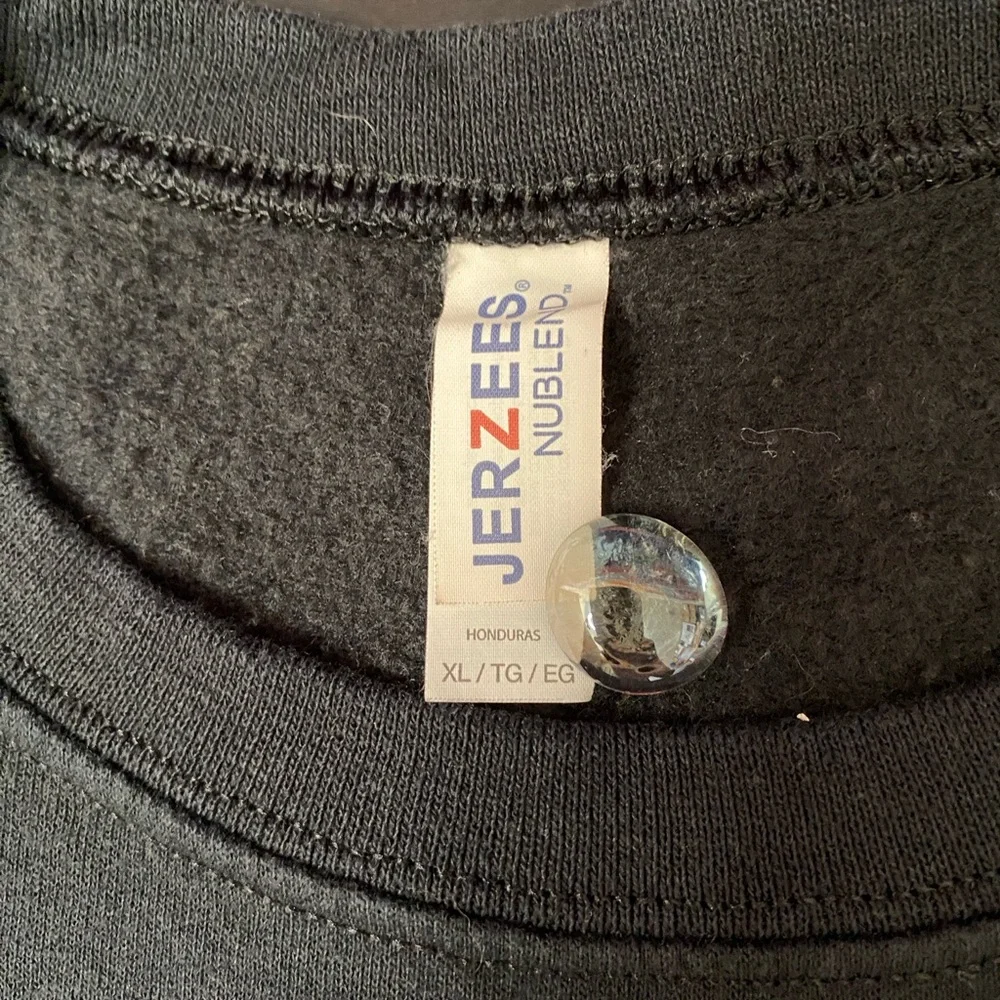 Jerzees Black Crewneck Sweatshirt with Caffeine & Chaos Graphic - Picture 3 of 6